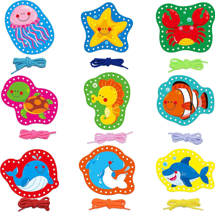9 Pieces Kids Lacing Cards, Double Sided Sewing Cards in 9 Wild Animals with 9 Colorful Laces, Imagination Development Lacing Toys Games for Children Educational and Learning Activity
