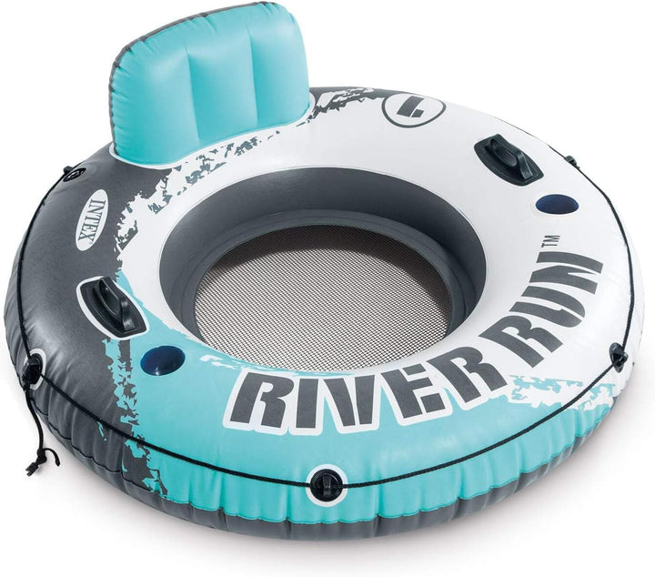 58825EP River Run 1 Inflatable Floating Lounge: Comfortable Backrest – Built-In Cup Holders – Durable Grab Handles – All around Grab Rope – 220Lb Weight Capacity– Blue