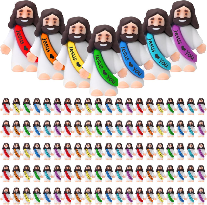 100 Pcs Little Jesus Figures Jesus Loves You Original Design Rubber Pocket Toys Little Figures to Hide and Seek Sunday School Religious Party Share Gifts(Vibrant Color)
