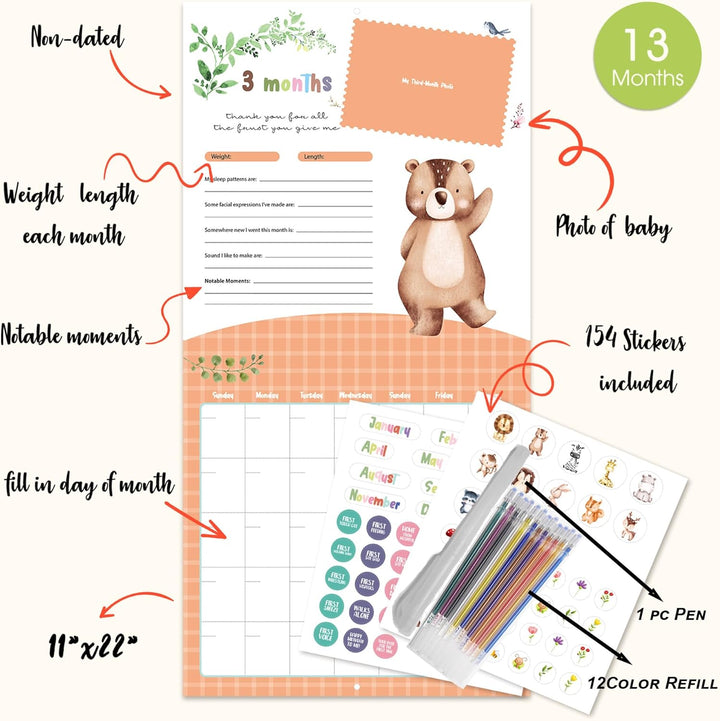 Baby'S First Year Calendar with Stickers by Bright Day - 1St Year Tracker - Baby Memory Book for Girls to Document and Cherish Baby First Year Milestones,- Milestone Keepsake for Baby Boy with Pocket