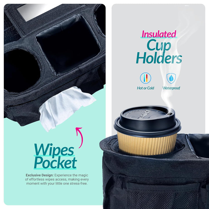 Stroller Caddy Organizer with Cup Holder, Non Slip Straps Bag for Phone, Pet Stroller Accessories, Universal Fits Uppababby Vista V2 Wonderfold Wagon, Doona and More