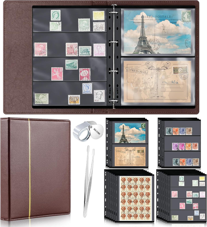 Stamp Collecting Albums Set Stamp Collection Book Include 20 Pages Album Binder Tweezer and Loop Magnifier Collecting Supplies for Collectors(Black,1/2/3/4 Rows)