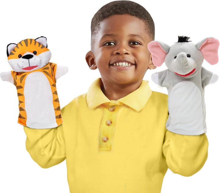 Safari Buddies Hand Puppets, Set of 6 (Elephant, Tiger, Parrot, Giraffe, Monkey, Zebra) Soft, Plush Animal Hand Puppets for Toddlers and Kids Ages 2+