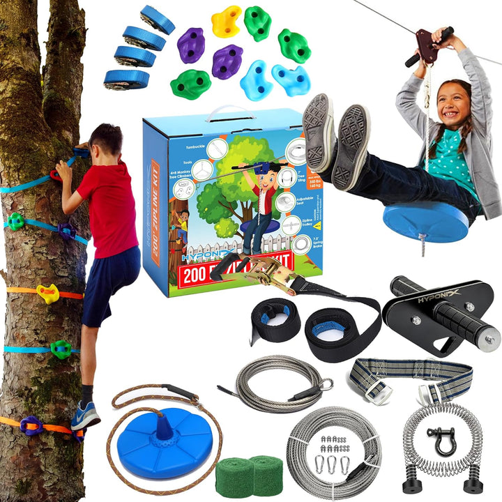 Zip Line Kit for Kids and Adults, 100/120/150/200Ft, up to 350 Lbs, Removable Trolley, Rustproof Stainless Steel, Quick Setup with Ratchet, Safety Harness, Backyard Adventure Fun W/Climbing Holds
