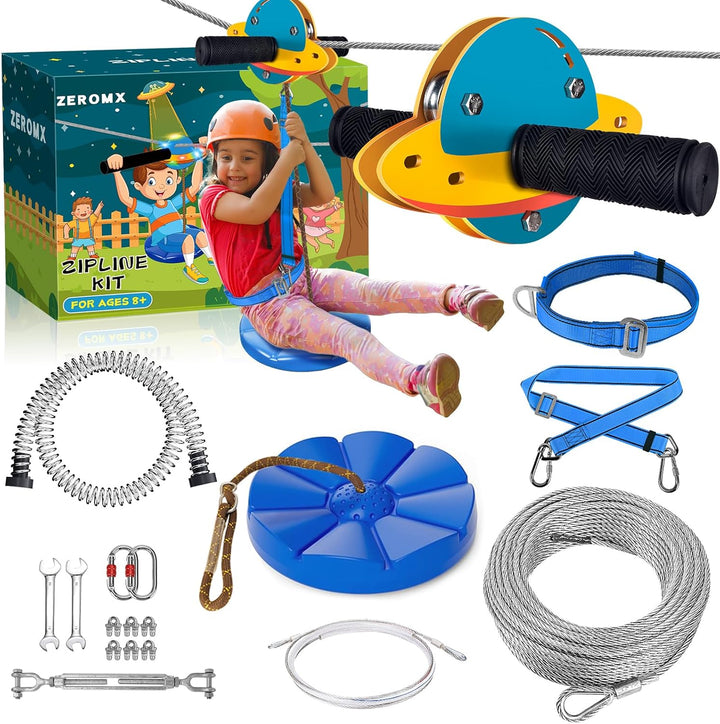 Zip Line Kit for Kids and Adults Outdoor, UFO Trolley 75/100/120/150Ft Zipline for Backyard, up to 350 Lbs, Included Swing Seat, Ziplines Stainless Steel Brake and Safety Cable