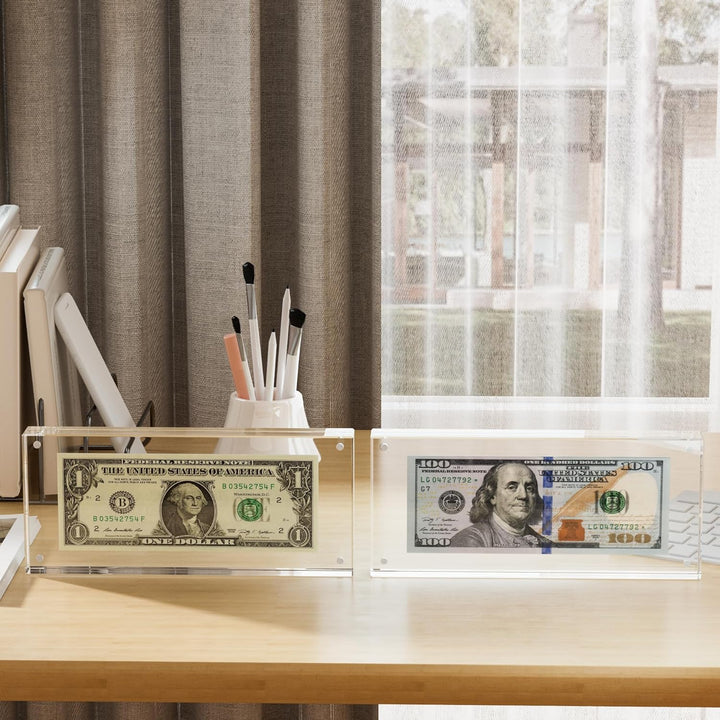 Dollar Bill Frame Display – 7.8" X 3.9" Acrylic Dollar Bill Holder, Thick Magnetic Self-Standing Display Case for Currency, Tickets, Banknotes, and Stamps