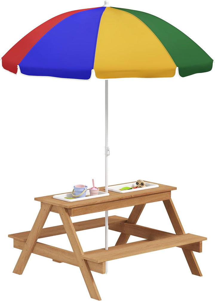 Kids Picnic Table, Wooden Outdoor Table & Bench Set with Removable Umbrella, Children Sand and Water Activity Table for Patio, Backyard, Gift for Boys Girls, Mixed Color