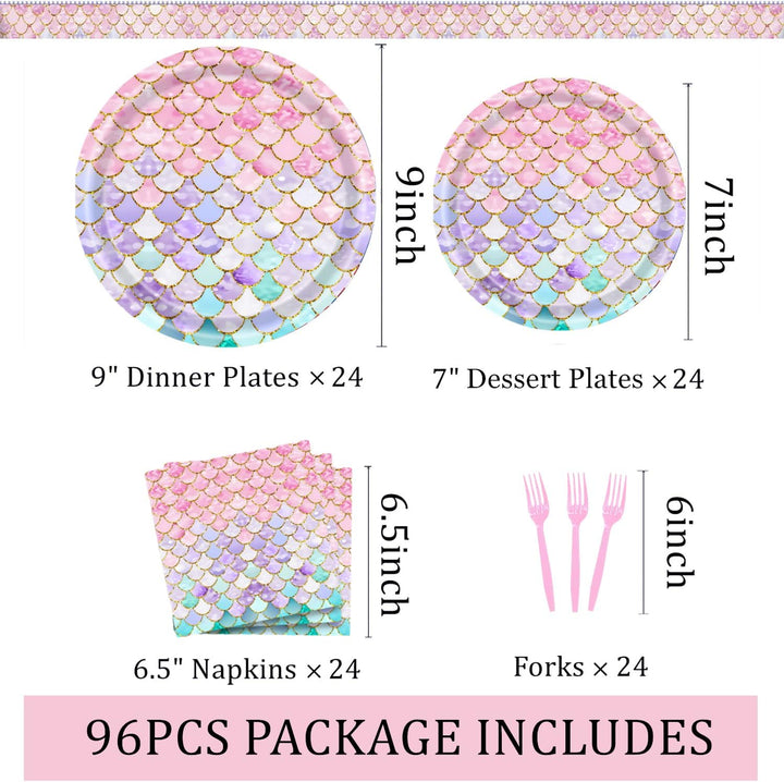96 Pcs Mermaid Birthday Party Supplies Plates and Napkins Set for 24 Guests, Little Mermaid Party Decorations Ocean under the Sea Party Tableware Plate, Fork, Napkins for Princess Girls
