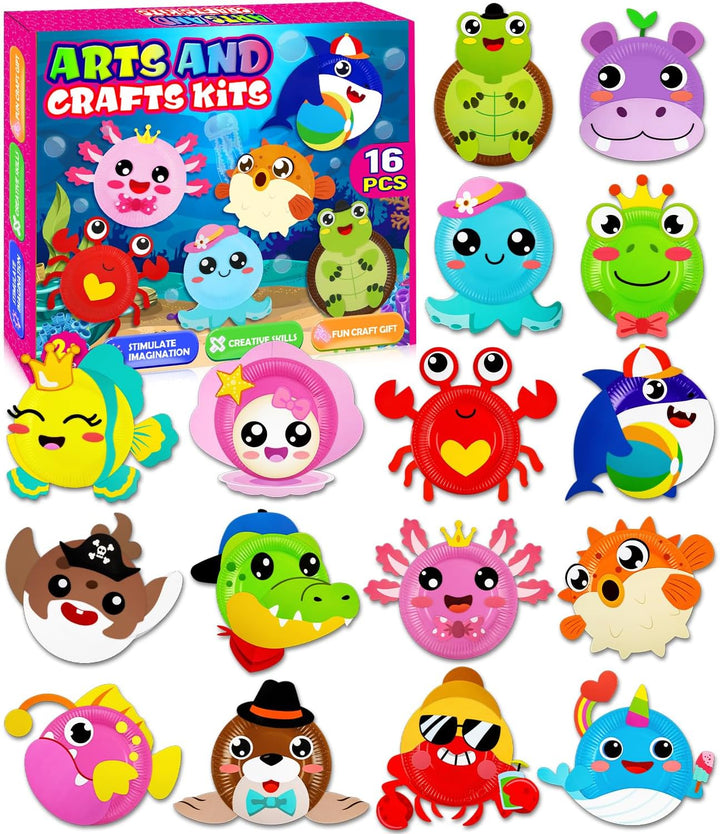 16 Pack Arts and Crafts for Kids, Toddler Crafts Animal Paper Plate Art Kit Gift for 3 4 5 6 Year Old Boys Girls DIY Kids for Birthday Party Favor Preschool Classroom Party Games