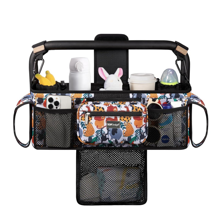 Universal Baby Stroller Organizer, Stroller Caddy with Detachable Mesh Bag & Heightened Insulated Cup Holders & Non-Slip Secure Hooks Accessories, Fits Most Strollers (Checkerboard)