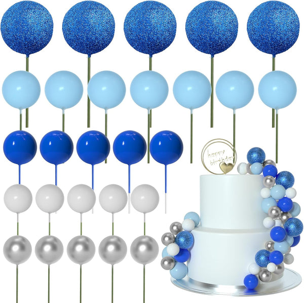 50 Pcs Ball Cake Topper Sticks Mini Balloons for Decorating Supplies Foam Balls Cake Toppers for Baby Shower, Birthday - Blue Series