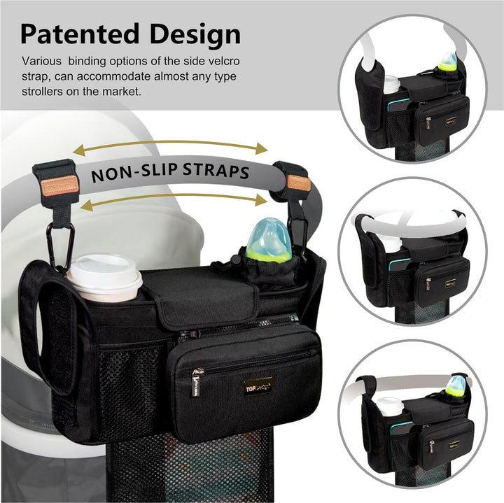 Universal Baby Stroller Organizer, Stroller Caddy with Detachable Mesh Bag & Heightened Insulated Cup Holders & Non-Slip Secure Hooks Accessories, Fits Most Strollers (Checkerboard)