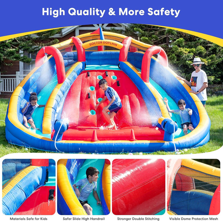 Inflatable Water Double Slides Park, Bounce House with Splash Pool, Large Blow up Water Slide for Kids with Climbing Wall, Durable Design Backyard Play Park, Quick Setup (Dry/Wet Use)