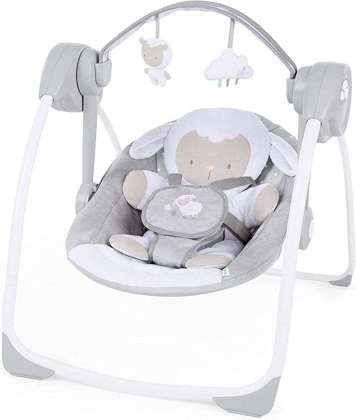 Soothe 'N Delight Compact Portable 6-Speed Plush Baby Swing with Music, Folds Easy, 0-9 Months 6-20 Lbs (Cozy Kingdom)