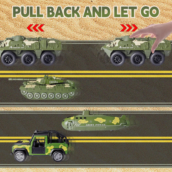 Military Vehicle Set Assorted Army Model Car Helicopter Submarine Tank Armored Car Panzer Transport Truck with Army Men Action Figures Soldiers Die Cast Alloy Metal Pull Back Toys for Kids