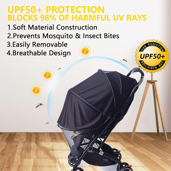UPF50+ Sunshade Stroller Cover, Universal Breathable 3D Baby Mosquito Net, 2-In-1 Stroller Sun Shade with Two-Way Zipper, UV Protection, Privacy Netting for Stroller