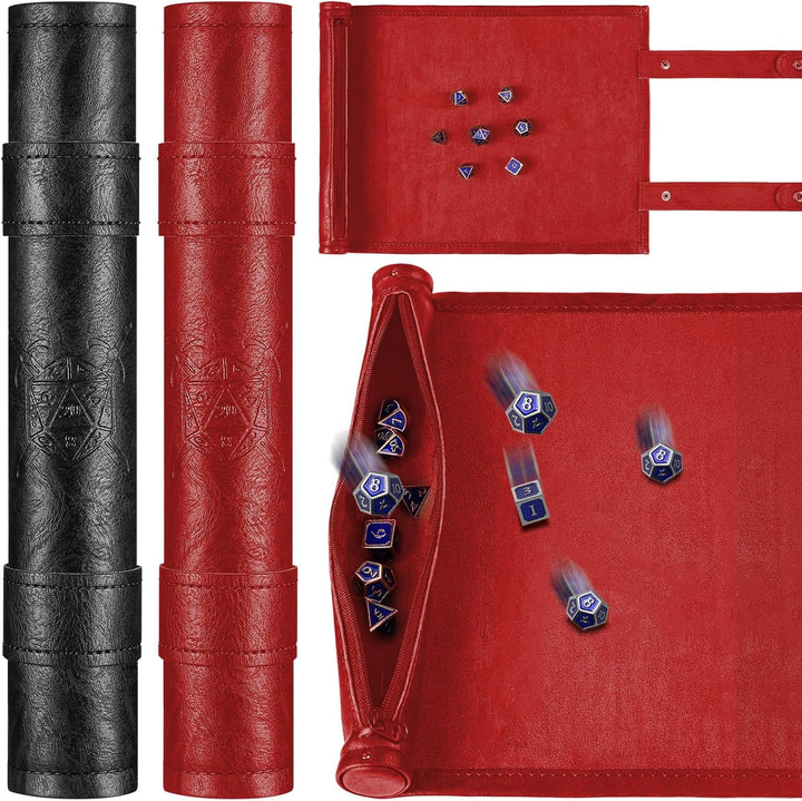 Dice Mat Tray Rolling Mat with Zipper PU Leather Folding Scroll Dice Bag Holder Table Christmas Game Accessories(Brown, Black,2 Pieces)