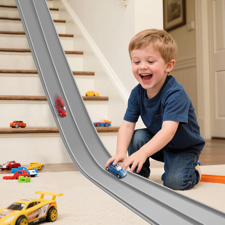 Flex Tracks 15 Ft Starter Set Flexible Race Track for Kids 3+, Race Car Ramp Track Compatible with Hot Wheels and Diecast 1/64Th Cars, Portable Rolls up Race Tracks with Strong Suction Cups