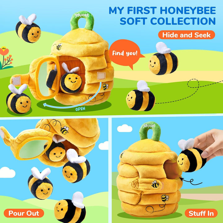 Baby Toys 6-12 Months - Soft Baby Beehive with 5 Sensory Bees - Rattle, Crinkle Paper, Squeaker, Mirror, Busy Montessori Soft Toys for Toddlers 0-3 Years Old - Bee Plush Boy Girl Birthday Gift