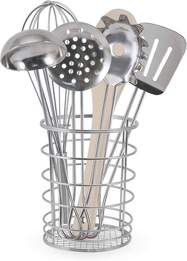 Stir and Serve Cooking Utensils (7 Pcs) - Stainless Steel and Wood