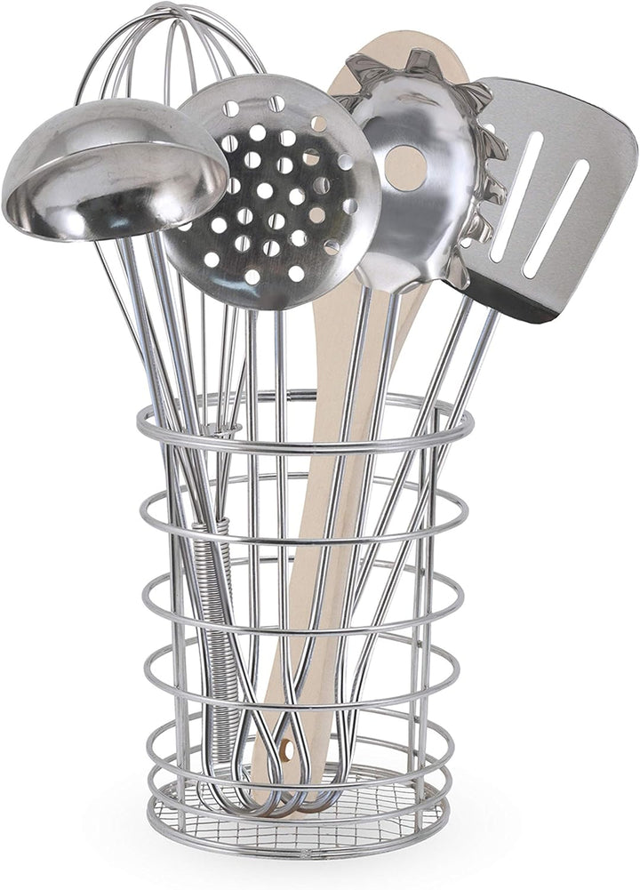 Stir and Serve Cooking Utensils (7 Pcs) - Stainless Steel and Wood