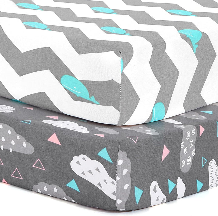 Pack N Play Sheets,  2 Pack Mini Crib Sheets,Stretchy Portable Fitted Playard Sheet Set, Convertible Playard Mattress Cover,Ultra Soft Breathable Material,Elephant Whale