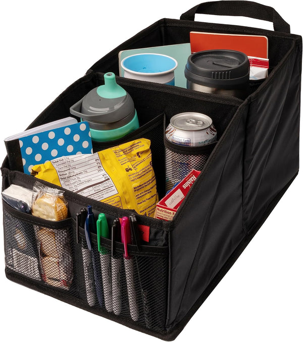 Backseat Car Organizer for Front & Rear Seats - Black Oxford - 9 Compartments & Cup Holders for Travel & Road Trip Essentials for Kids - Fits Cars, Trucks & Vans