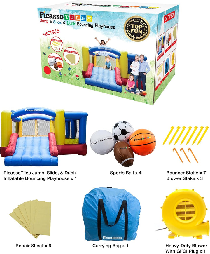 [Upgrade Version]  KC102 12X10 Foot Inflatable Bouncer Jumping Bouncing House, Jump Slide, Dunk Playhouse W/Basketball Rim, 4 Sports Balls, Full-Size Entry, 580W ETL Certified Blower