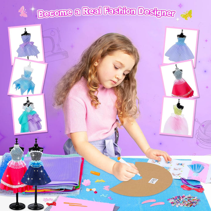 800+Pcs Fashion Designer Kit for Girls, Sewing Kit with 4 Mannequins, DIY Arts and Crafts Kit for Kids, Doll Clothes Making Kit, Girl Toys for Age 6 7 8 9 10 11 12 Year Old Gifts