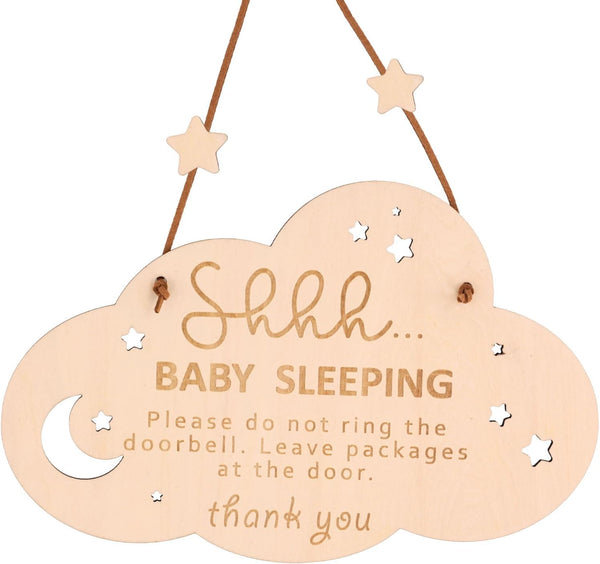 Wooden Sleeping Sign for Front Door - Shhh Baby Sleeping Door Hanger, Do Not Ring Doorbell Sign for Home Decoration - Gifts for New Parents