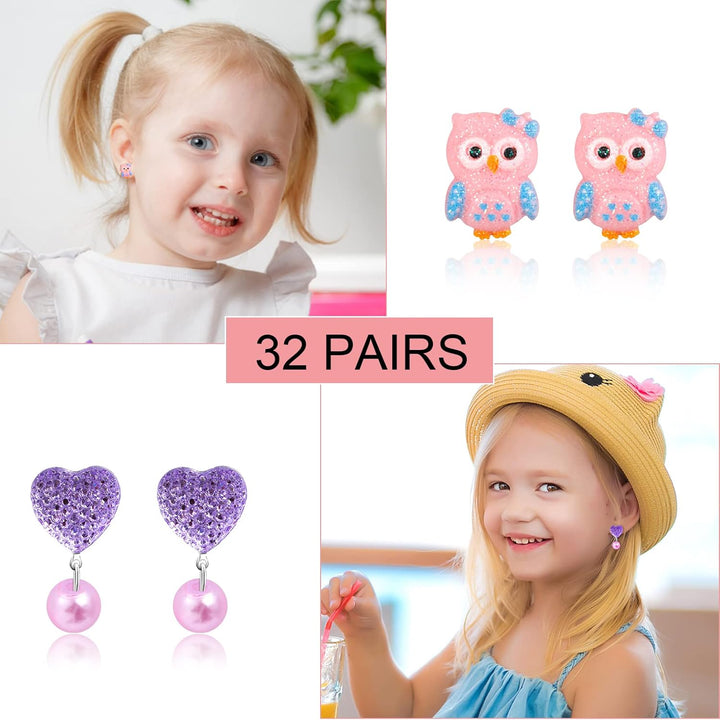 Clip on Earrings Hypoallergenic Clips Earrings Sets Suitable for Ages 4-12 Little Girls, Cute Small Clips on Earrings Jewelry Gifts Set