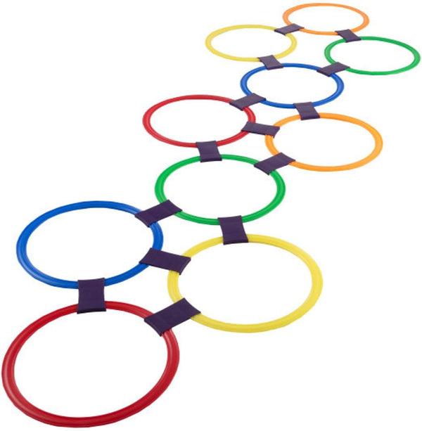 Hopscotch Ring Game-10 Multi-Colored Plastic Rings and 15 Connectors for Indoor or Outdoor Use-Fun Creative Play Set for Girls and Boys