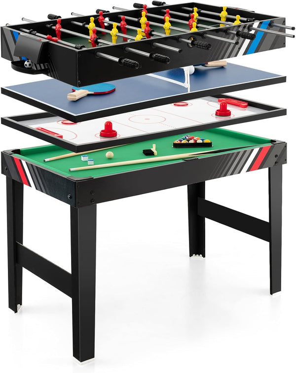 4 in 1 Multi Game Table, 49" Combo Game Table with Foosball Table, Pool Billiards, Air Hockey & Table Tennis for Kids Adults Family Game Room