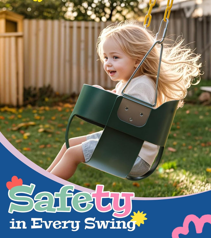 High Back Full Bucket, Toddler Swing with Coated Chains & Triangle Dip Pinch Protection for Safety, Baby Swing Outdoor with Locking Buckles, Toddler Bucket Swing for Backyard, Playground, Green