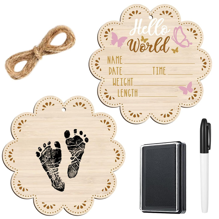 Baby Announcement Wooden Name Sign for Hospital Birth Double Sided Newborn Welcome Sign with Marker Pen and Ink Pad for Baby Shower Hand Footprints(Jungle)