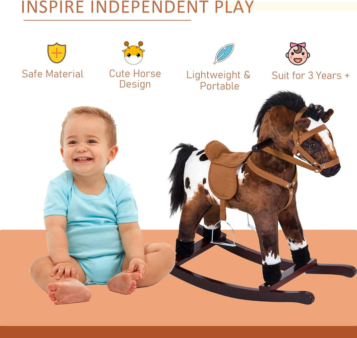 Kids Metal Plush Ride-On Rocking Horse Chair Toy with Realistic Sounds - Dark Brown/White