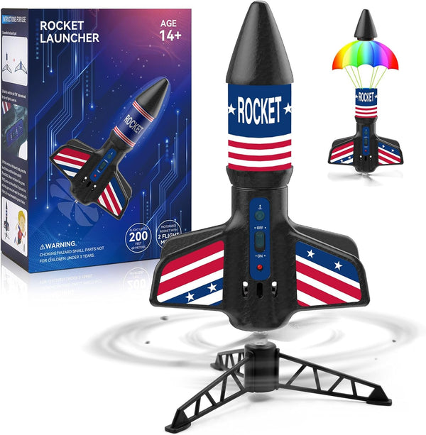 Rocket Launcher for Kids - Self-Launching 200 Ft Motorized Outdoor Electric Play Toy, High Flying Air Rocket with Launch Set, Birthday Toys Gifts for Boys 8-12, Star Pattern