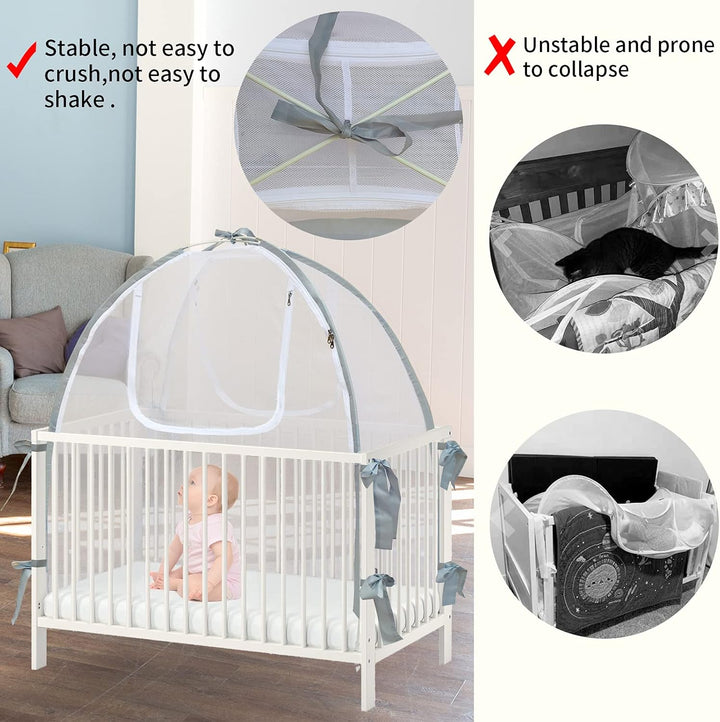 Baby Crib Tent Safety Net, Durable Strong Self-Locking Zippers, Protects from Climbing Out And, Insects, Mosquitoes, Installs with Rods (Crib 52.25" - 28.25")