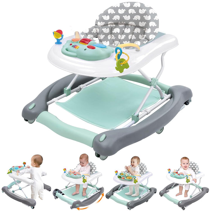 Foldable Baby 5-In-1 Activity Walker - Rocker, Activity Center, Bouncer, Seat Walker, Push Walker - Adjustable Speed Rear Wheels and Height Toys Ages 6-18 Months… (Pink)