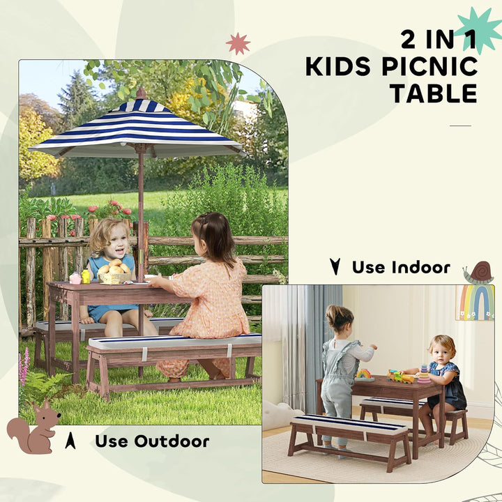 Kids Picnic Table, Outdoor Wooden Table & Bench Set with Cushions and Umbrella, Children Backyard Furniture for Patio, Garden, Navy Blue