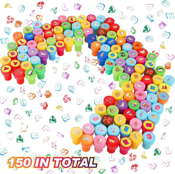 150 Pcs Assorted Stampers for Kids Cute Mini Self Inking Stamps Kids Printing Supplies Birthday Party Favors for Crafts Classroom Prize, Animals, Fruits, Food, Human Tasks