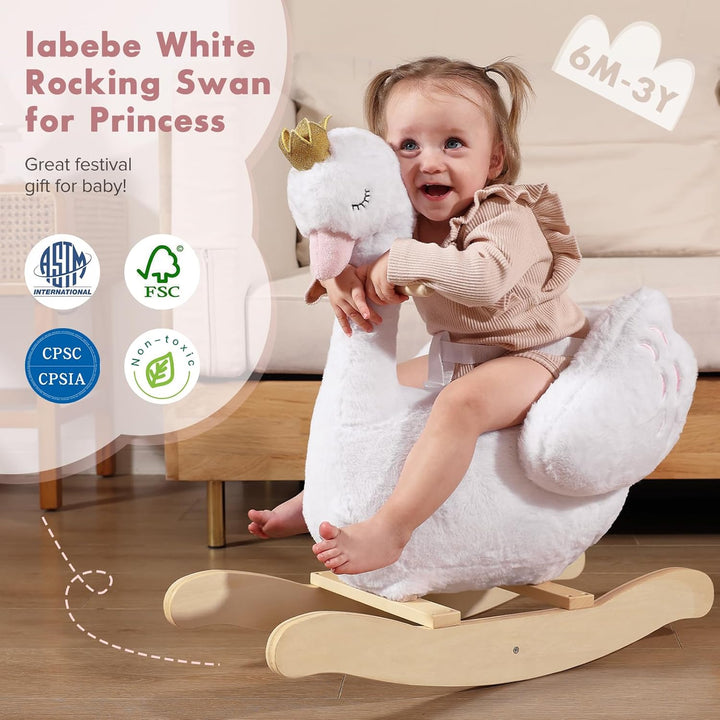Kids Rocking Horse White Swan, Stuffed Animal Wooden Rocker for Children 6 Months Boys and Girls/Nursery Christmas, Birthday Gift (Rocking Swan)