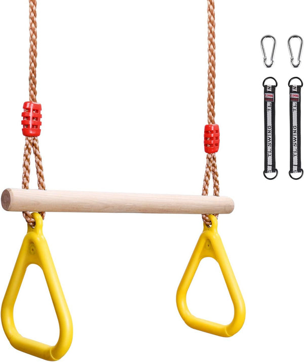 Trapeze Bar Swing Set Hanging Bar Rings for Kids 18" Wooden Swing Bar Heavy Duty Carabiner for Kids Backyard Outdoor Play