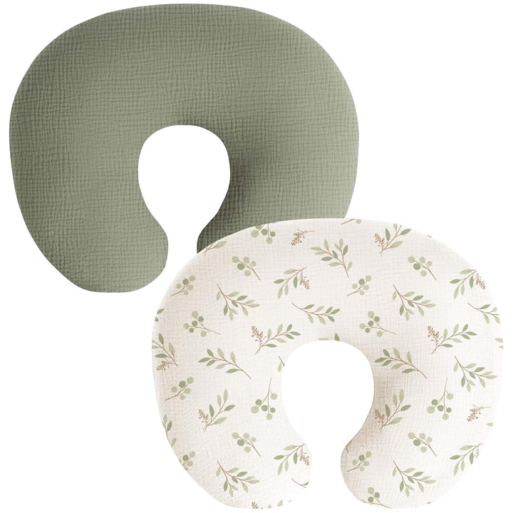 Muslin Nursing Pillow Covers, 2 Pack, Soft & Adorable Slipcovers with Zipper Closure, 100% Cotton Covers for Breastfeeding Pillows (Leaf, Green)