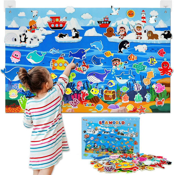 70 Pcs Ocean Felt Story Board Set, 43X28 Inch Interactive Felt Board, Fuzzy Flannel Board, Preschool Storytelling, Classroom Educational Learning Play Kit, Interactive Teaching Kit for 3 Years +