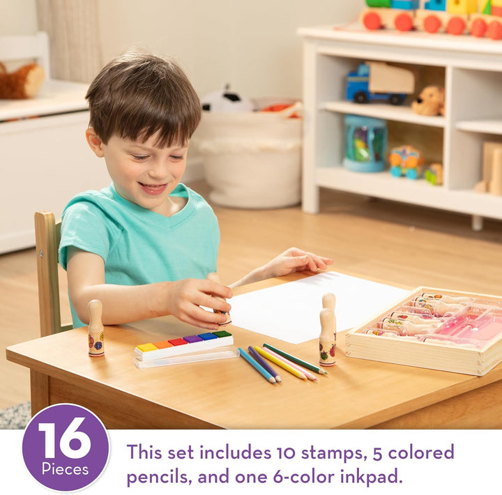 Deluxe Happy Handle Stamp Set with 10 Stamps, 5 Colored Pencils, and 6-Color Washable Ink Pad