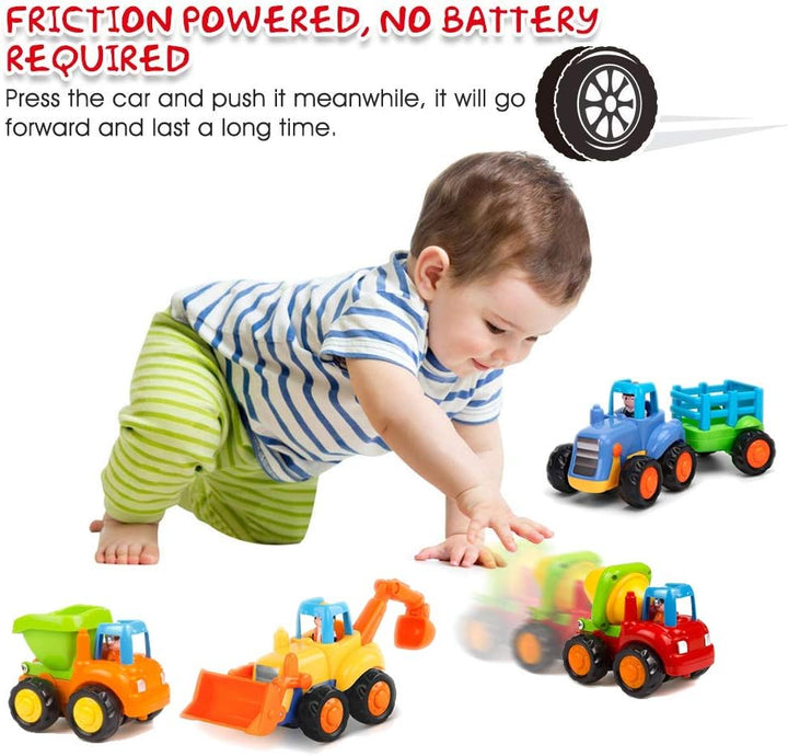 Friction Powered Cars Push and Go Trucks Construction Vehicles Toys Set of Tractor Bulldozer Dump Truck Cement Mixer for Baby Toddlers Infants Boys Gifts