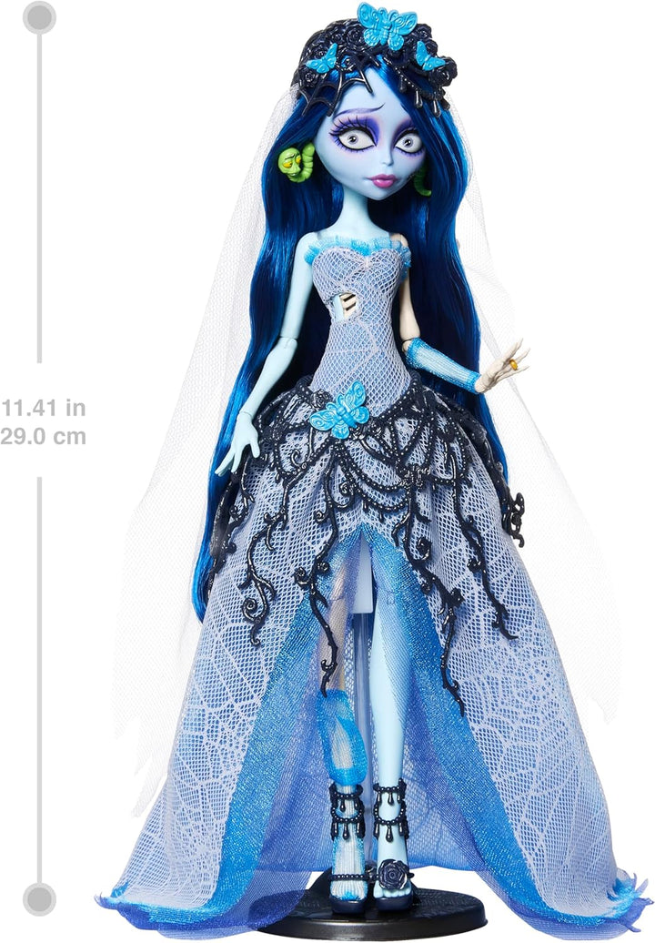 Skullector Doll, Corpse Bride Emily Collectible in Gothic Spiderweb Wedding Dress with Accessories like Gauze Veil and Doll Stand