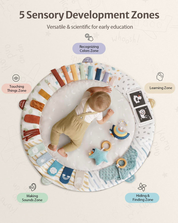 Baby Play Gym & Activity Mat, 5 Developmental Zones Wooden Tummy Time Mat with 5 Detachable Sensory Toys for Motor Skills & Sensory Development, Baby Essentials Shower Gift