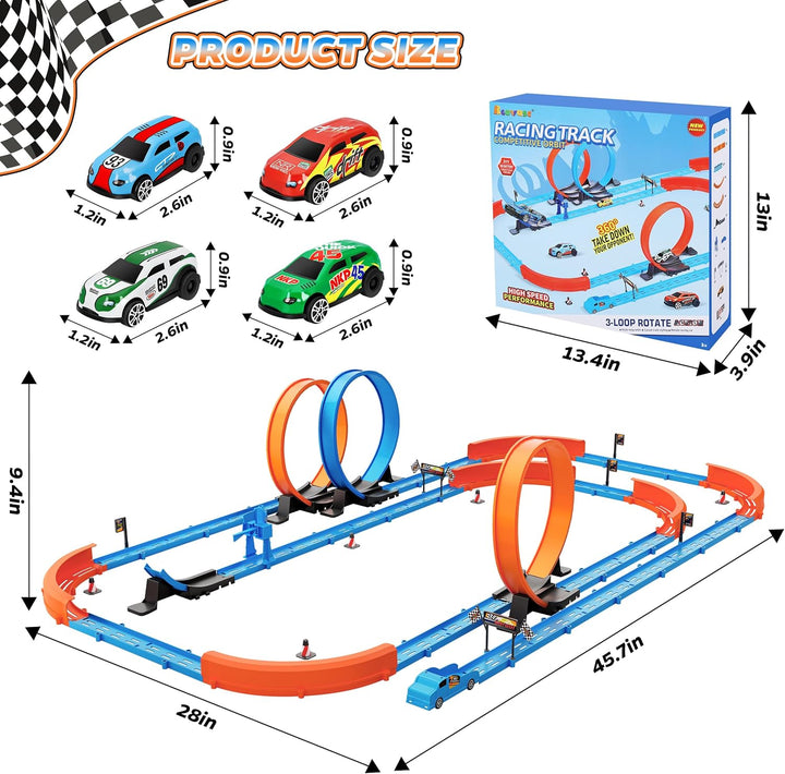 ‌Slot Car Race Track Sets with 360° Thrill Loops & 4 High-Speed Cars, 64 Pcs Large Flexible Racing Track for Kids Ages 3-5 4-8 8-12, Race Car Toys Gift for Boys Girls Birthday Christmas